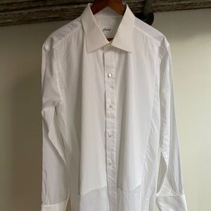 Brioni Italy tuxedo shirt with French cuffs and untuck flap. Size 16.5 large